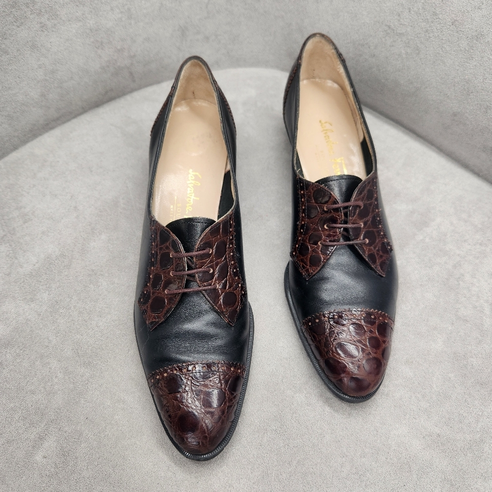 Salvatore Ferragamo Oxford Shoes 8 4A Narrow Black Leather Brogue Made In Italy